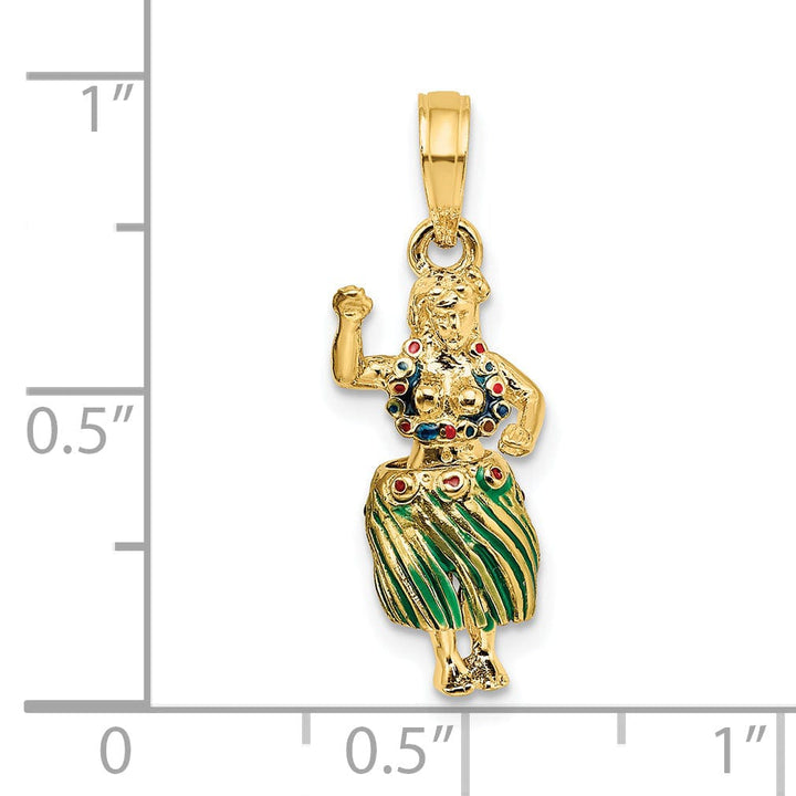 14K Yellow Gold Red, Green Enameled Polished Finish 3-Dimensional Hula Girl With Moveable Grass Skirt Charm Pendant