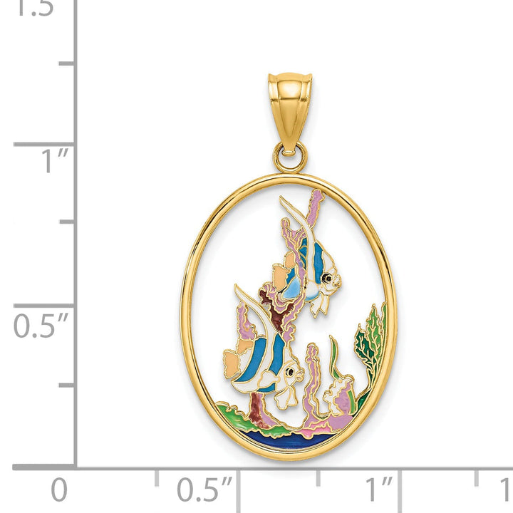 14K Yellow Gold Polished Mutli-Color Enamel Finish Oval Shape Angelfish In Underwater Scene Charm Pendant