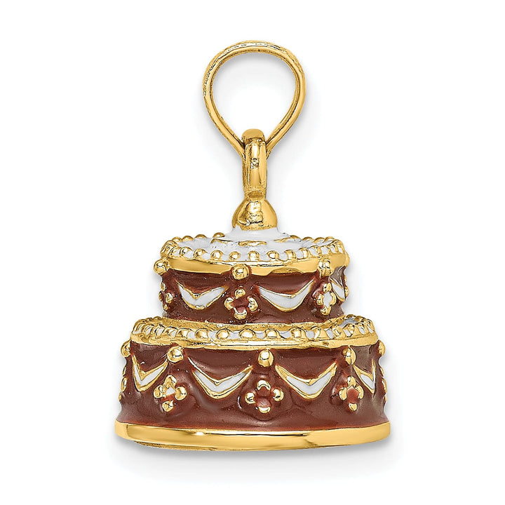 14K Yellow Gold Polished Brown Enameled Finish 3-Dimensional HAPPY BIRTHDAY Cake Design with Brown Frosting Charm Pendant