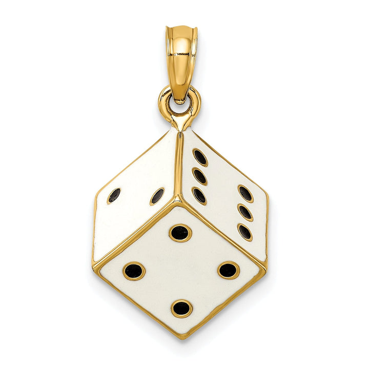 14K Yellow Gold Polished Black and White Enamel Finish 3-Diamentional Dice Charm Pendant