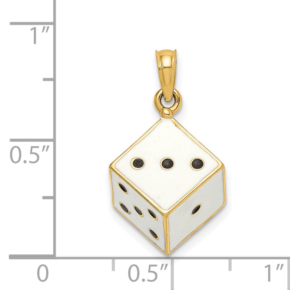 14K Yellow Gold Polished Black and White Enamel Finish 3-Diamentional Dice Charm Pendant