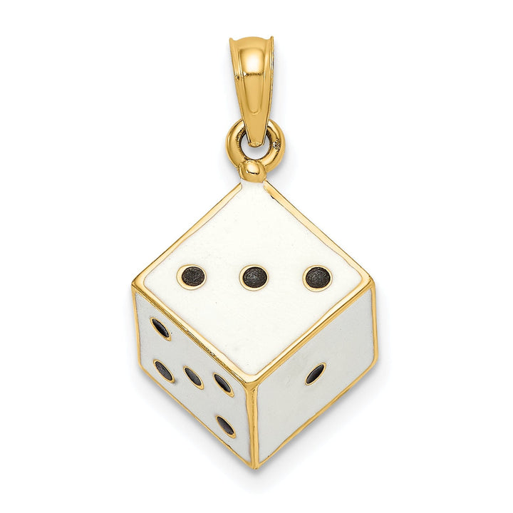 14K Yellow Gold Polished Black and White Enamel Finish 3-Diamentional Dice Charm Pendant