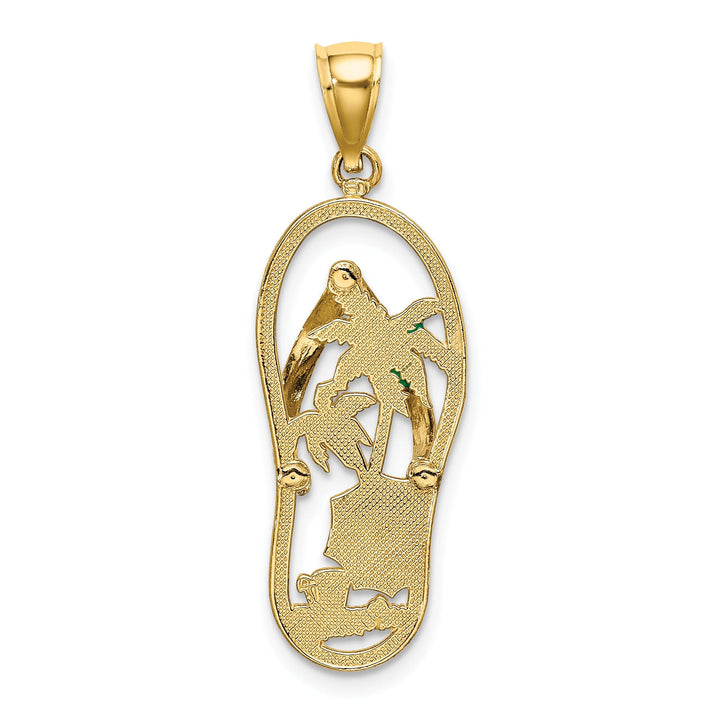 14K Yellow Gold Polished Multi Color Enamel Finish Double Palm Trees Beach Scene Design Flip-Flop Sandle Charm Pendant