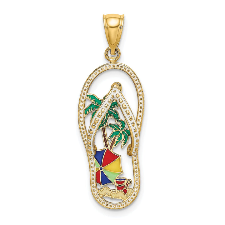 14K Yellow Gold Polished Multi Color Enamel Finish Double Palm Trees Beach Scene Design Flip-Flop Sandle Charm Pendant