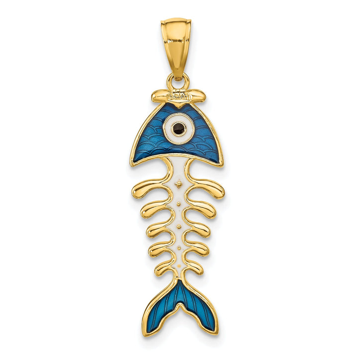 14k Yellow Gold Polished Finish 3-D with Blue Enamel Fish Bone Design Charm