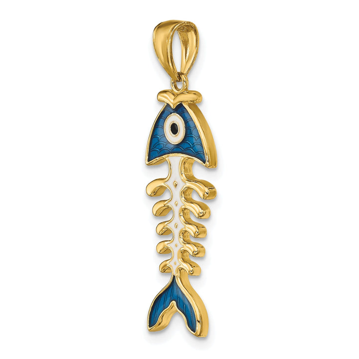 14k Yellow Gold Polished Finish 3-D with Blue Enamel Fish Bone Design Charm