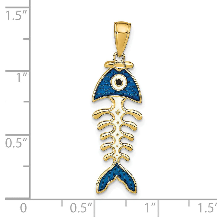 14k Yellow Gold Polished Finish 3-D with Blue Enamel Fish Bone Design Charm