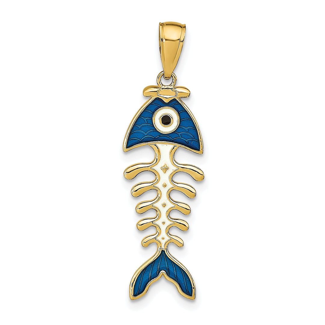 14k Yellow Gold Polished Finish 3-D with Blue Enamel Fish Bone Design Charm