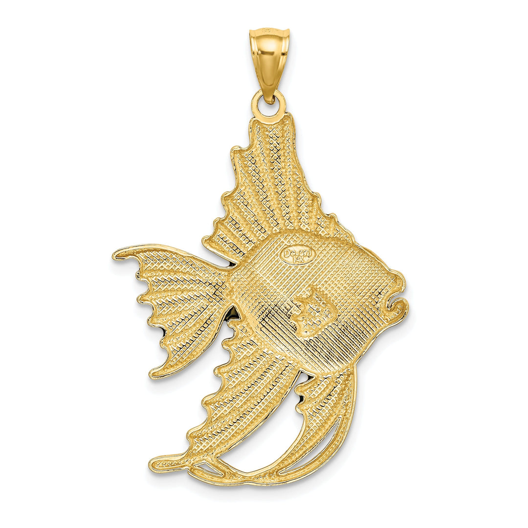 14K Yellow Gold Solid Textured Polished Blue Enamel Finish ANGELFISH Charm Pendant