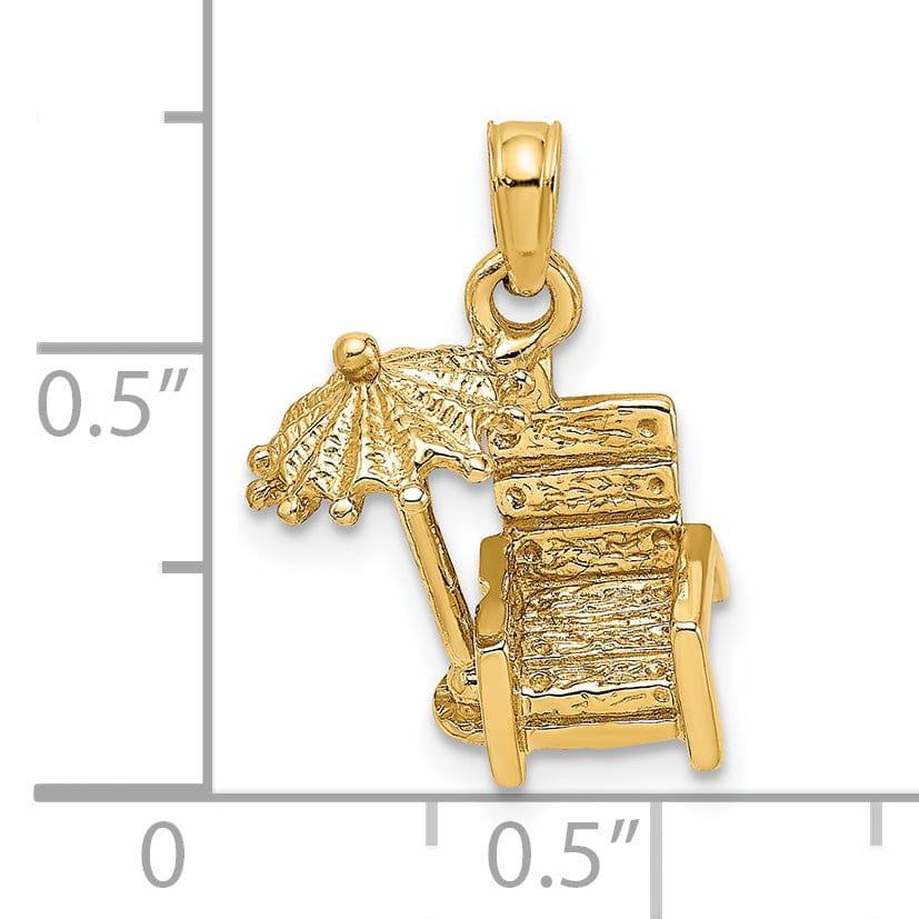 14K Yellow Gold Textured Polished Finish 3-Dimensional Beach Chair with Umbrella Charm Pendant