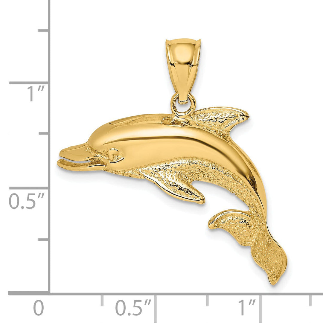 14k Yellow Gold Solid Casted Polished and Textrued Finish Open Mouth Dolphin Charm Pendant