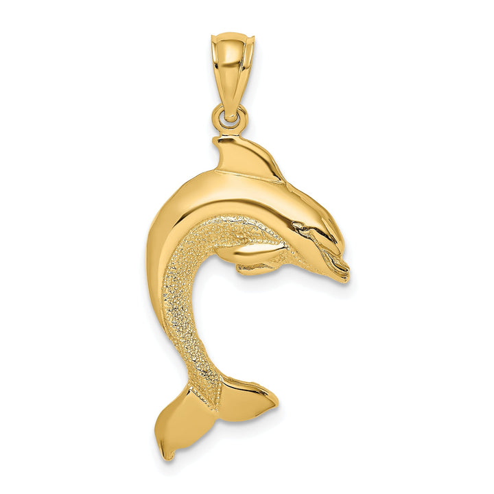 14K Yellow Gold 2-Dimensional Textured Polished Finish Dolphin Jumping Design Charm Pendant