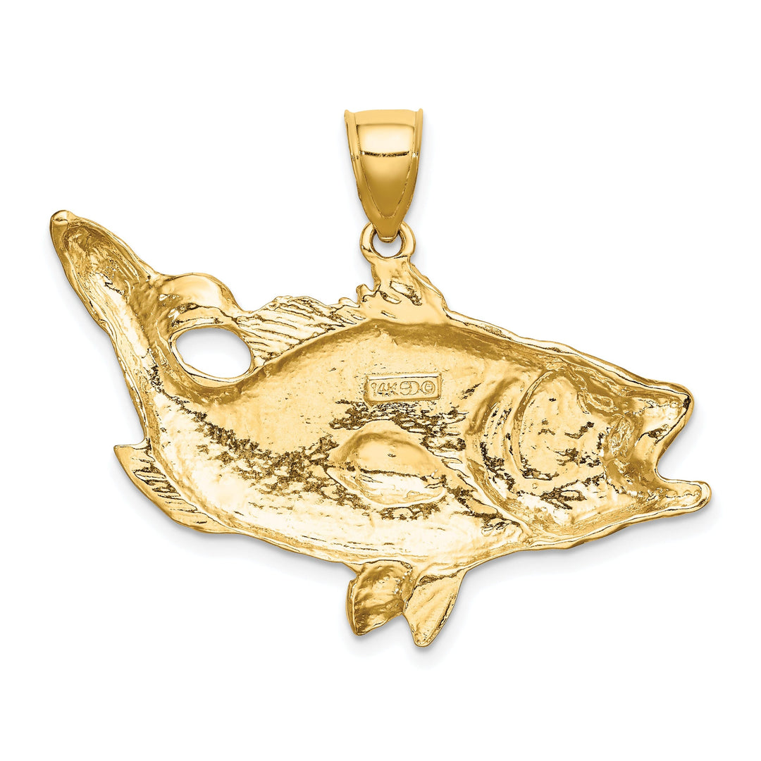 14k Yellow Gold Solid Textured Polished Finish Open Mouthed Bass Fish Charm Pendant