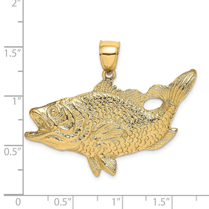 14k Yellow Gold Solid Textured Polished Finish Open Mouthed Bass Fish Charm Pendant