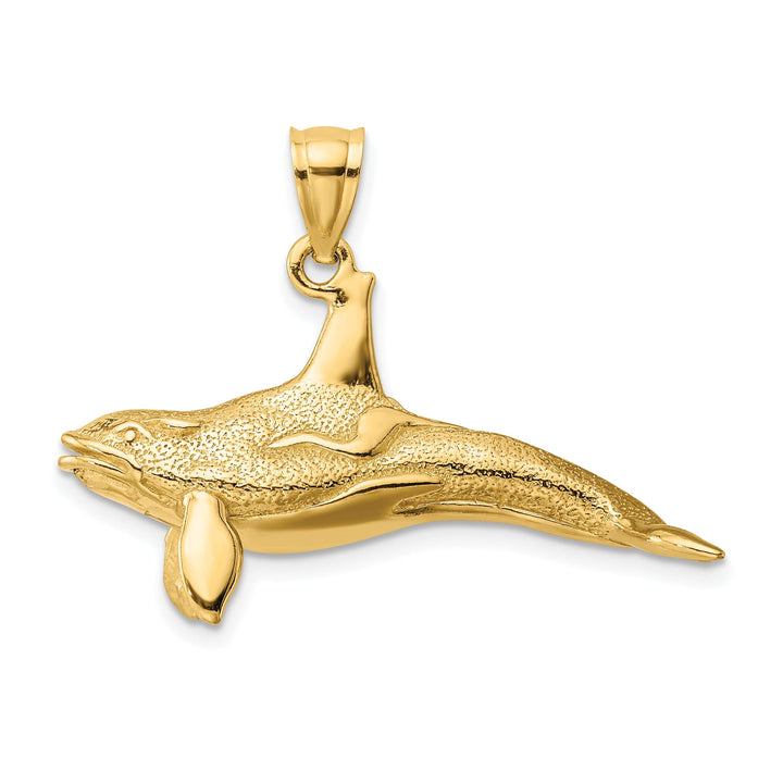 14K Yellow Gold Textured Polished Finish 3-Dimensional Killer Whale Charm Pendant