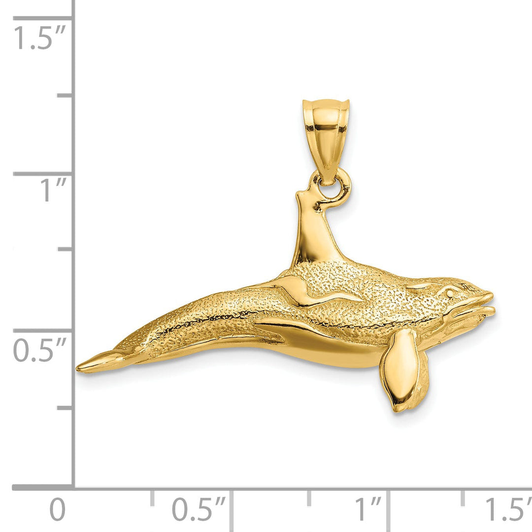 14K Yellow Gold Textured Polished Finish 3-Dimensional Killer Whale Charm Pendant