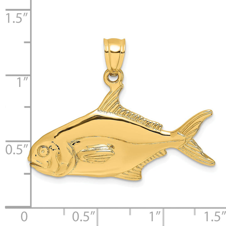 14K Yellow Gold Textured Polished Finish 3-Dimensional Pompano Fish Charm Pendant