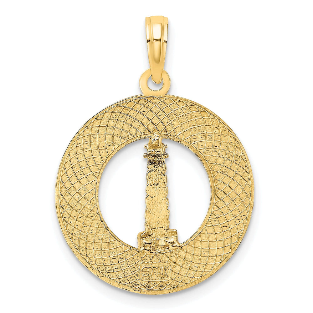 14K Yellow Gold Polished Textured Finish SAINT AUGUSTINE FLORIDA Banner Light House Circle Design Charm Pendant