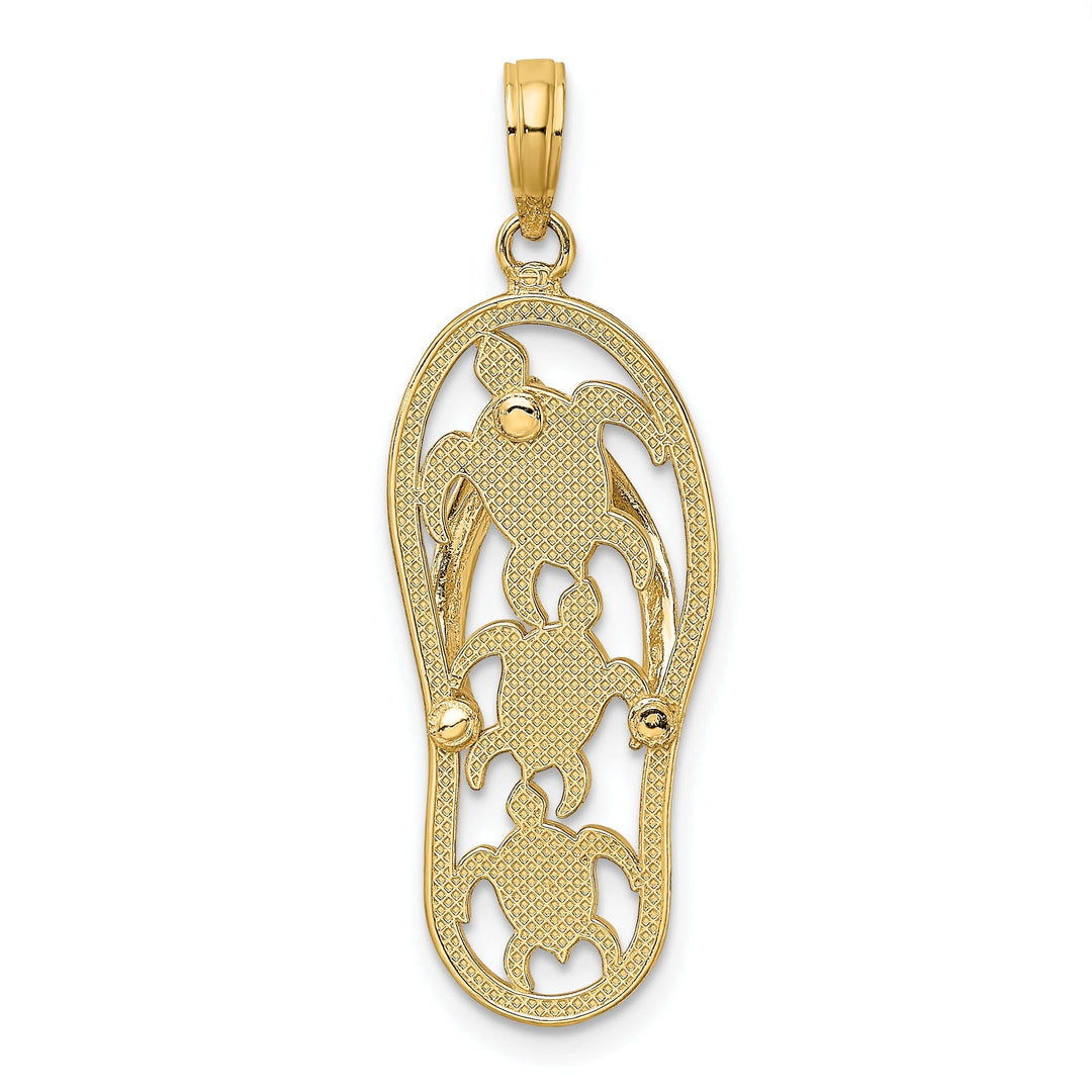 14K Yellow Gold Solid Polished Textured Finish Triple Sea Turtles Design Flip-Flop Beach Sandle Charm Pendant