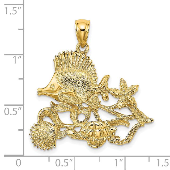 14K Yellow Gold Polished Solid Textured Finish Aquarium Story Design Charm Pendant