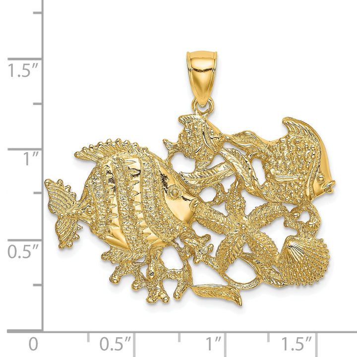 14K Yellow Gold Polished Textured Finish Aquarium Story Design Charm Pendant