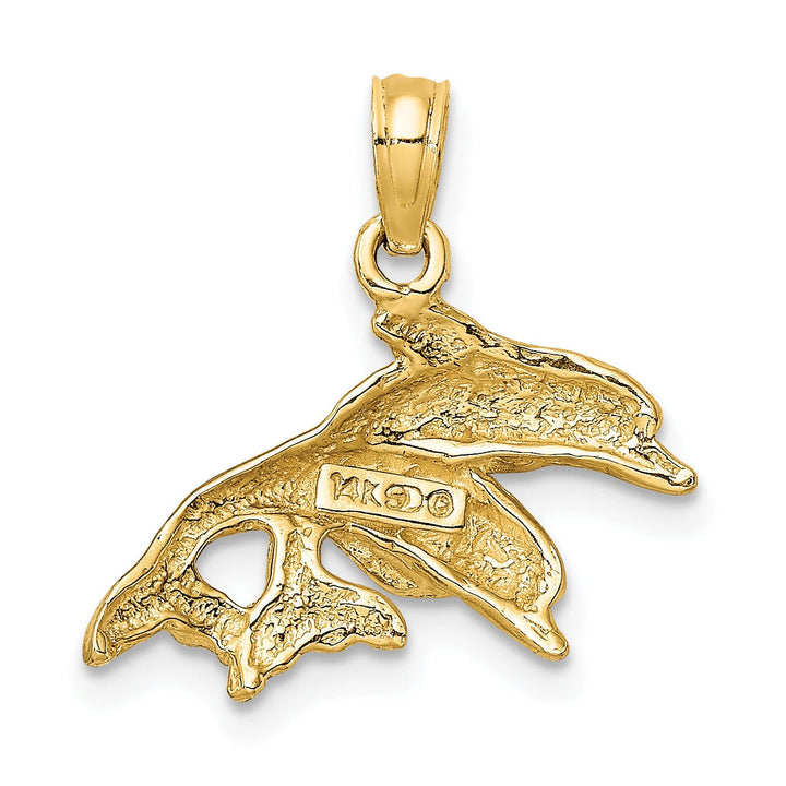 14K Yellow Gold 2-Dimensional Textured Polished Finish Double Dolphins Jumping Left Sided Charm Pendant