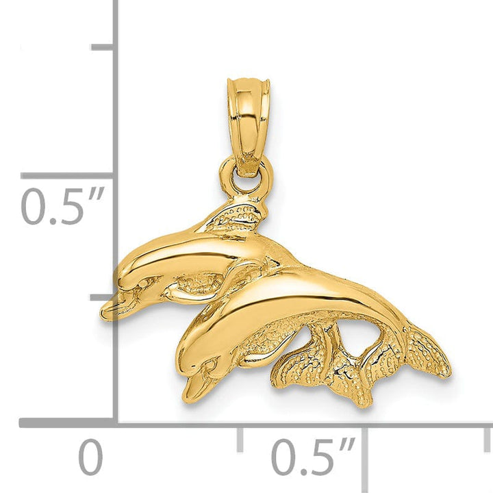 14K Yellow Gold 2-Dimensional Textured Polished Finish Double Dolphins Jumping Left Sided Charm Pendant