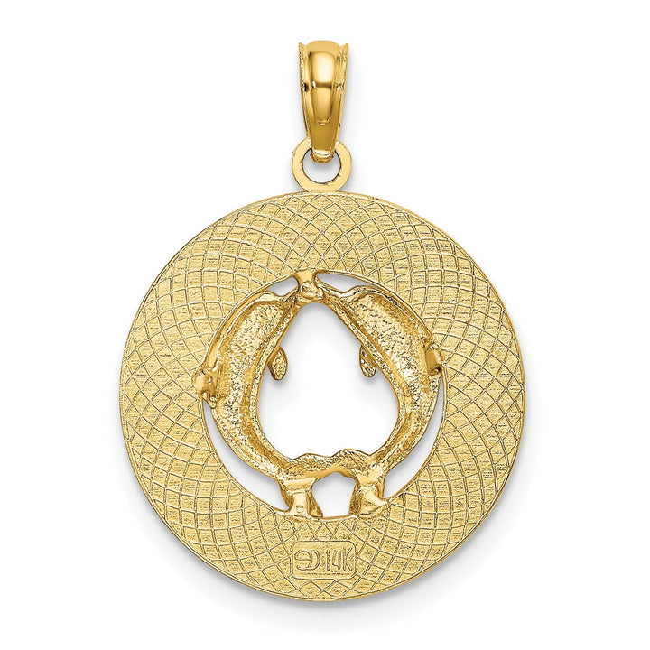 14K Yellow Gold Polished Textured Finish MYSTIC CT Double Dolphins in Circle Design Charm Pendant