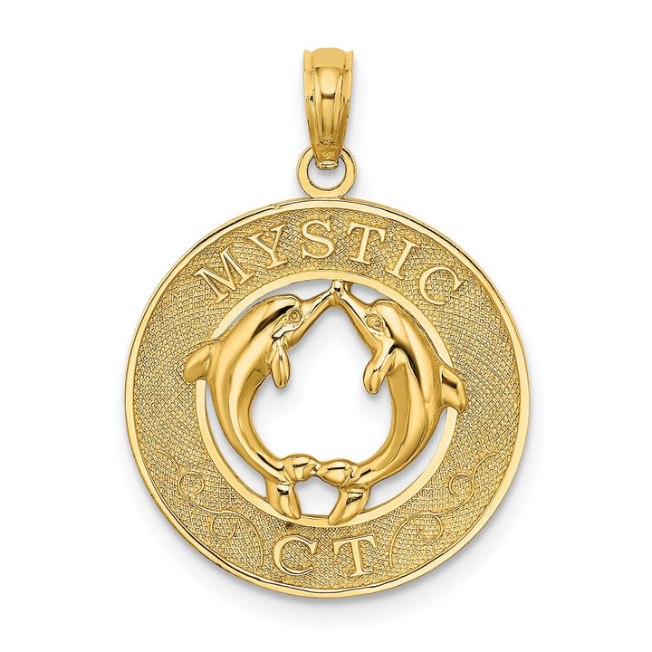 14K Yellow Gold Polished Textured Finish MYSTIC CT Double Dolphins in Circle Design Charm Pendant