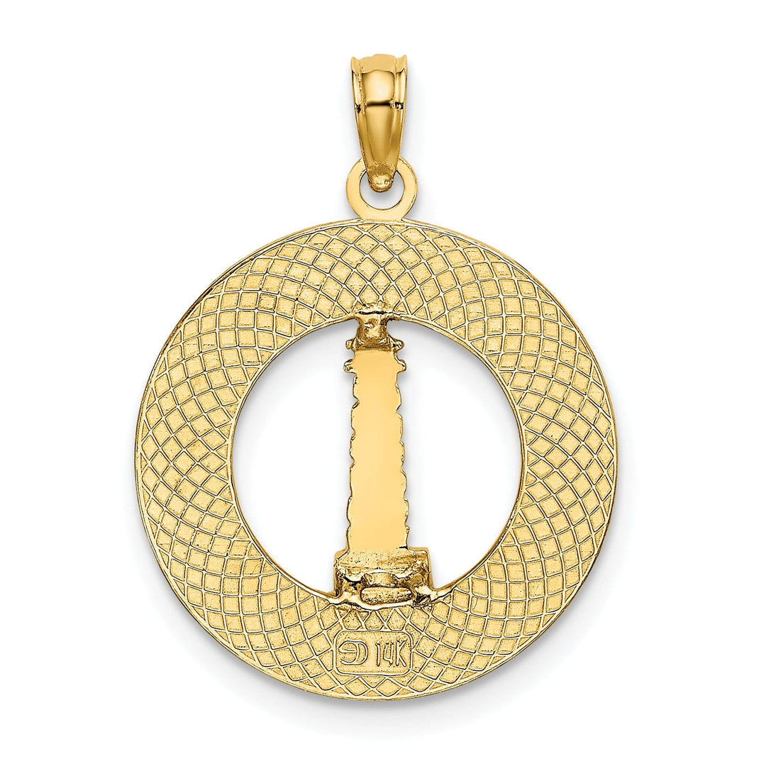 14K Yellow Gold Polished Textured Finish MYSTIC CT Lighthouse in Circle Design Charm Pendant