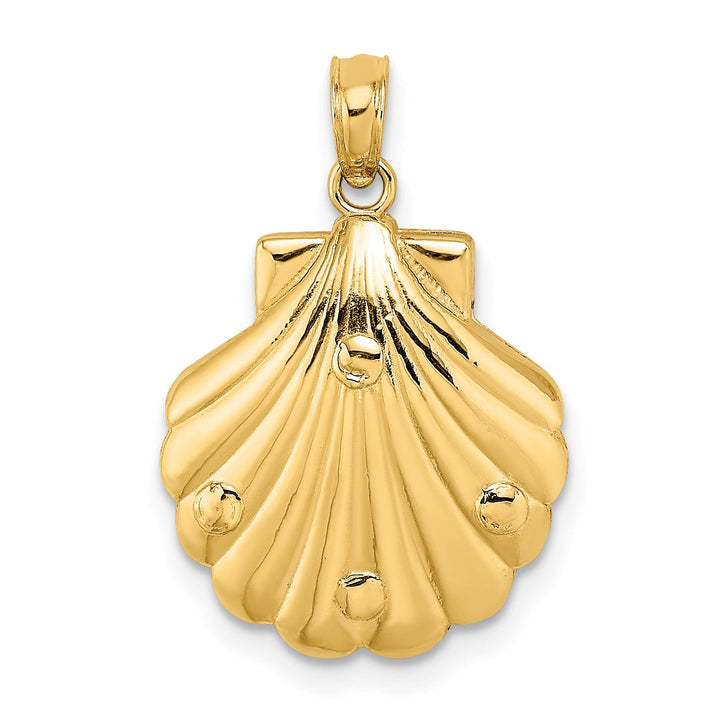 14K Yellow Gold Polished Textured Finish 3-Dimensional Reversible Dolphins Swimming in Waves Shell Design Charm Pendant