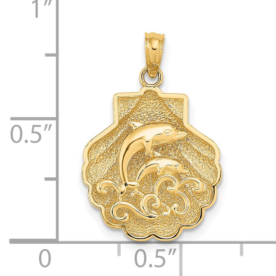 14K Yellow Gold Polished Textured Finish 3-Dimensional Reversible Dolphins Swimming in Waves Shell Design Charm Pendant