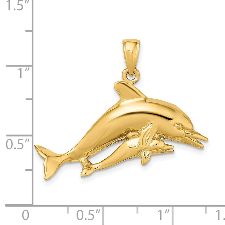 14K Yellow Gold Textured Polished Finish 2-Dimensional Two Swimming Dolphins Charm Pendant