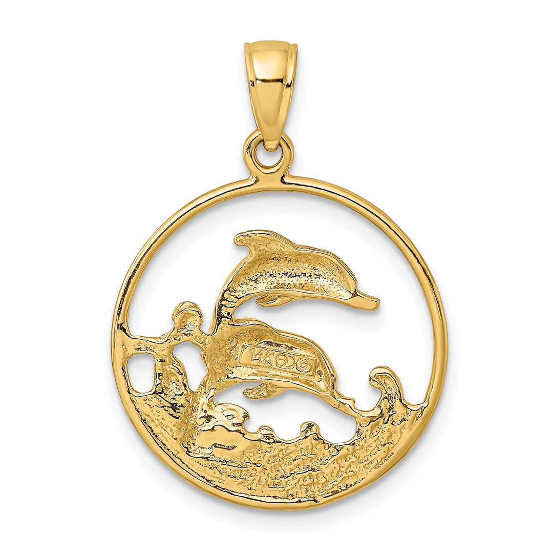 14K Yellow Gold Textured Polished Finish Double Dolphins In Circle Design Charm Pendant