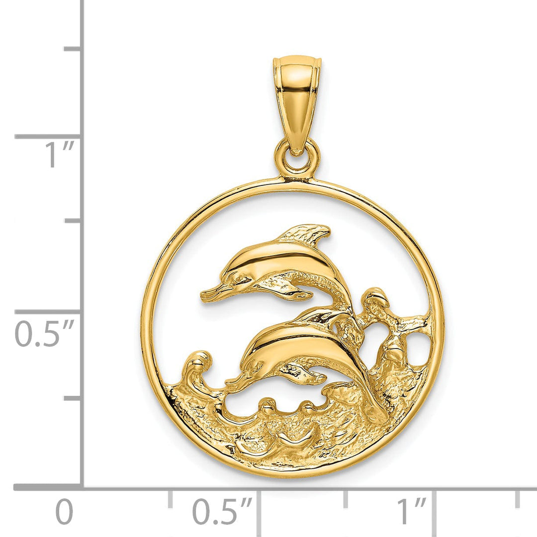 14K Yellow Gold Textured Polished Finish Double Dolphins In Circle Design Charm Pendant