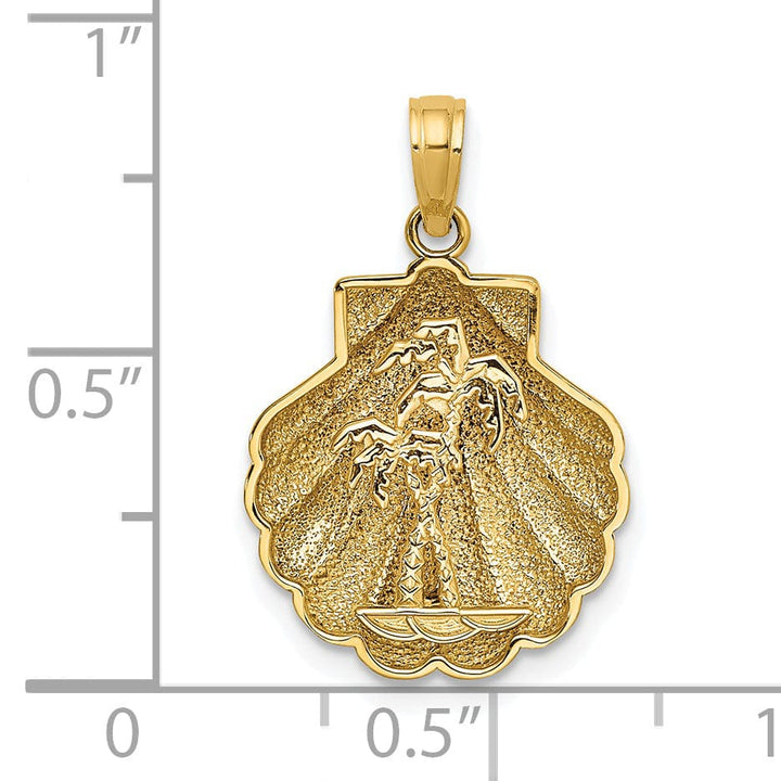 14K Yellow Gold Polished Texture Finish Reversible 3-Dimensional Palm Trees in Shell Design Charm Pendant