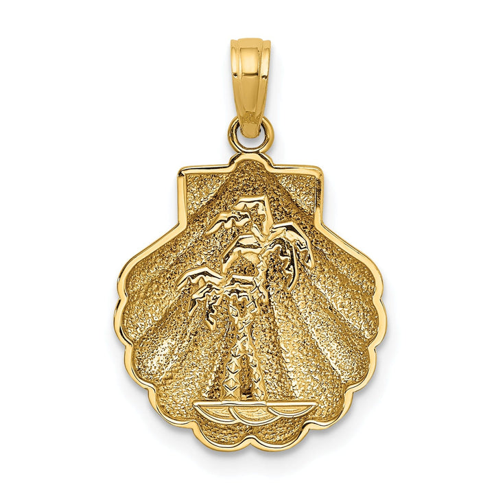 14K Yellow Gold Polished Texture Finish Reversible 3-Dimensional Palm Trees in Shell Design Charm Pendant