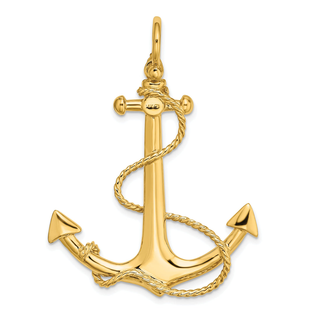 14K Yellow Gold Polished Finish 3-Dimensional Large Anchor with Rope Design Charm Pendant