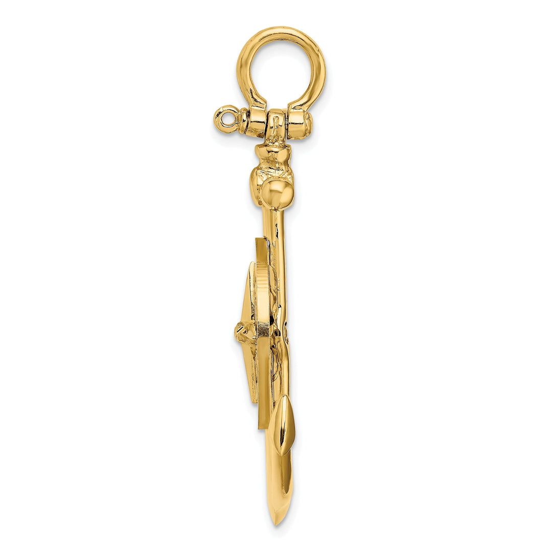 14K Yellow Gold Polished Finish 3-Dimensional Large Anchor with Nautical Boating Compass Design Charm Pendant