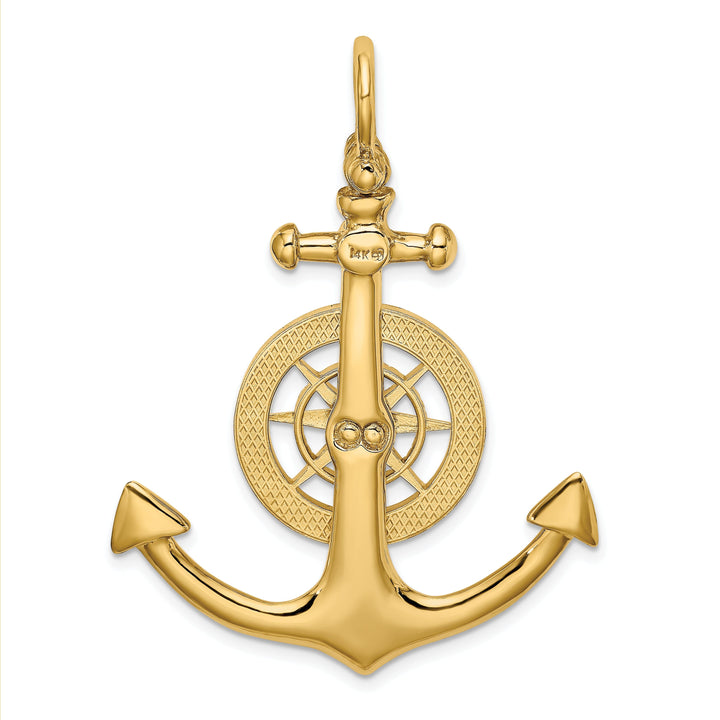 14K Yellow Gold Polished Finish 3-Dimensional Large Anchor with Nautical Boating Compass Design Charm Pendant