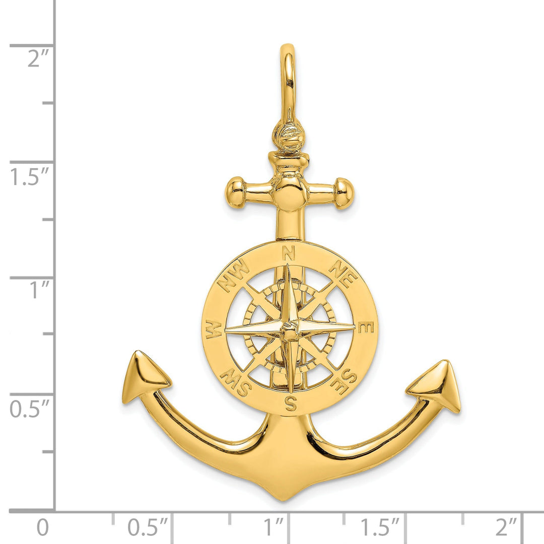 14K Yellow Gold Polished Finish 3-Dimensional Large Anchor with Nautical Boating Compass Design Charm Pendant