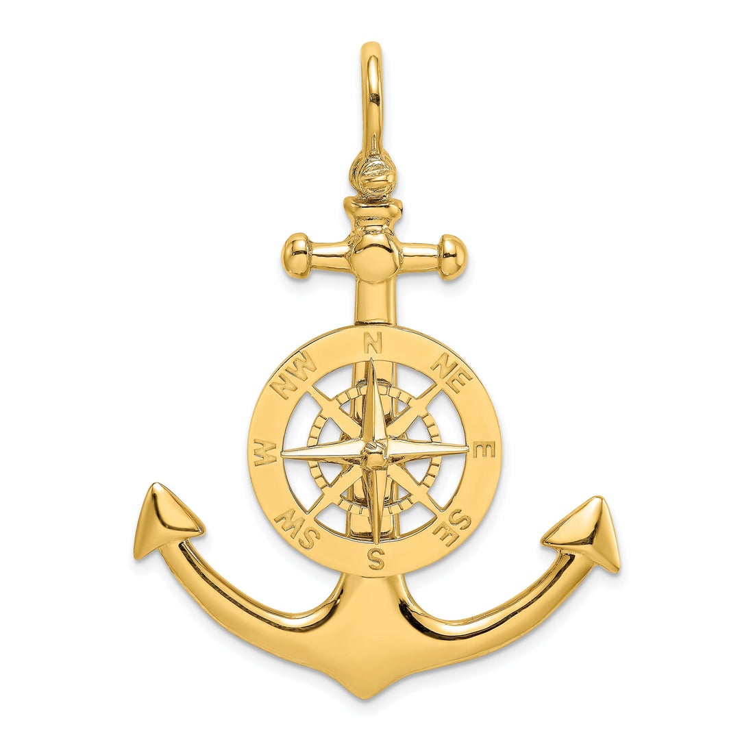 14K Yellow Gold Polished Finish 3-Dimensional Large Anchor with Nautical Boating Compass Design Charm Pendant