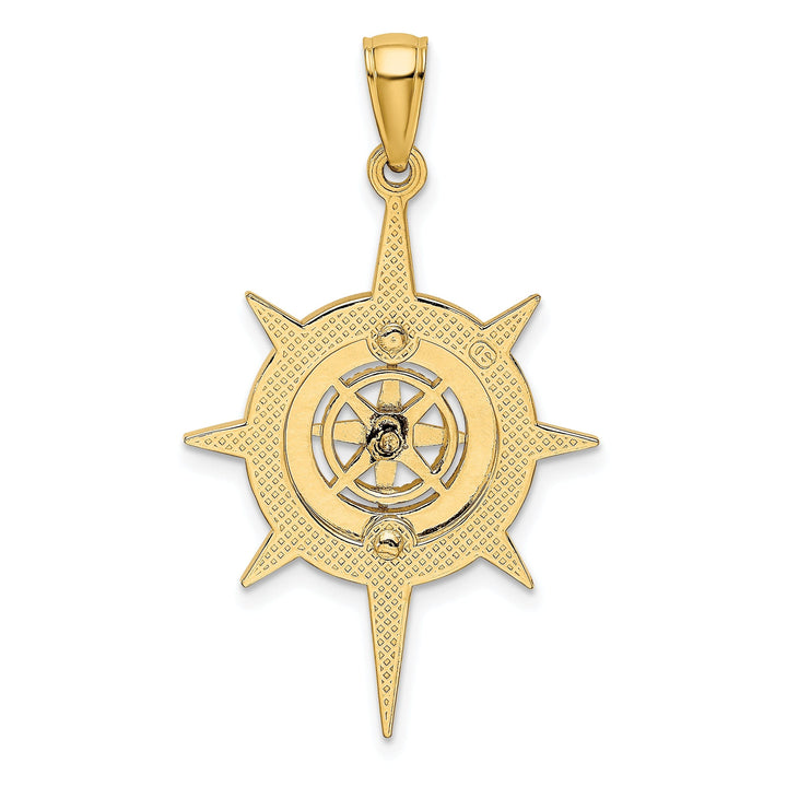 14K Yellow Gold Polished Finish Star Frame Nautical Boating Compass in Center Charm Pendant