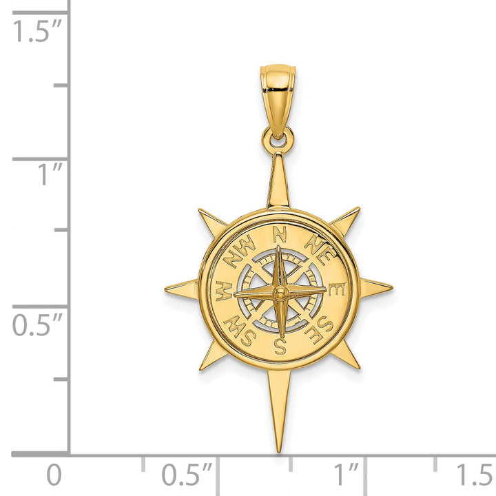 14K Yellow Gold Polished Finish Star Frame Nautical Boating Compass in Center Charm Pendant