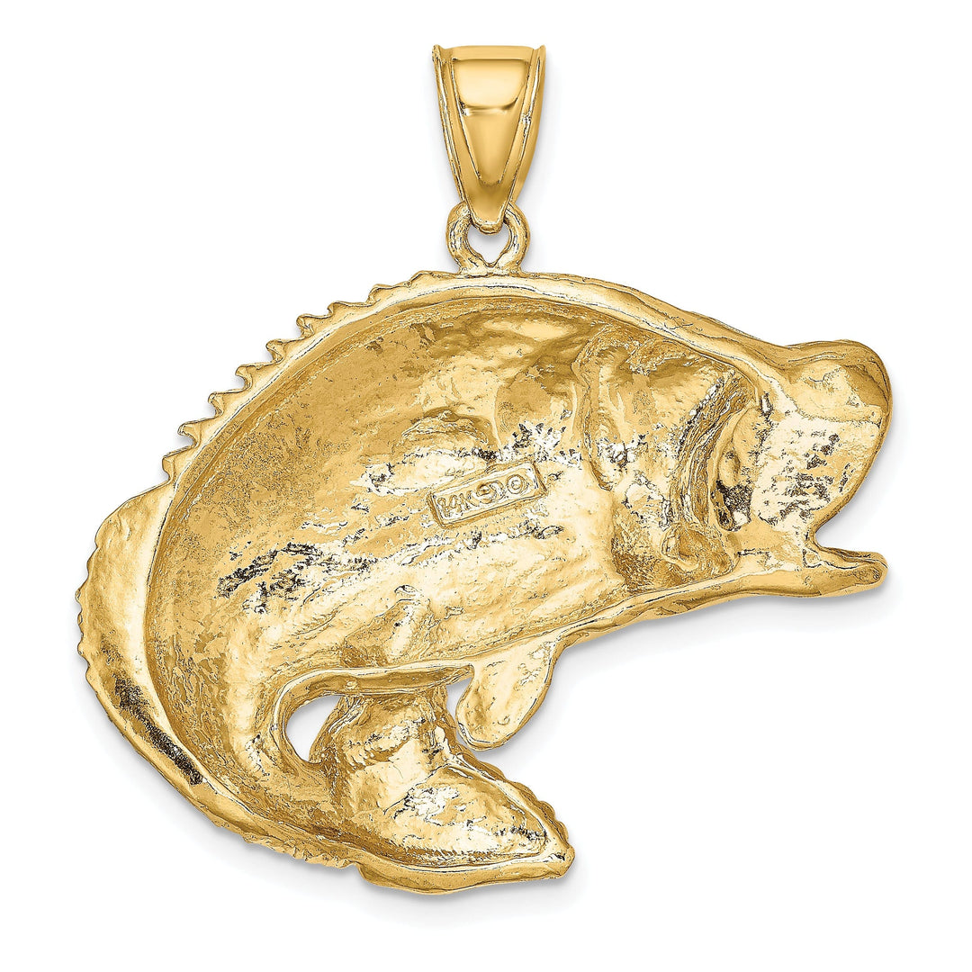 14k Yellow Gold 2-Dimensional Solid Polished Textured Finish Bass Fish Jumping Charm Pendant