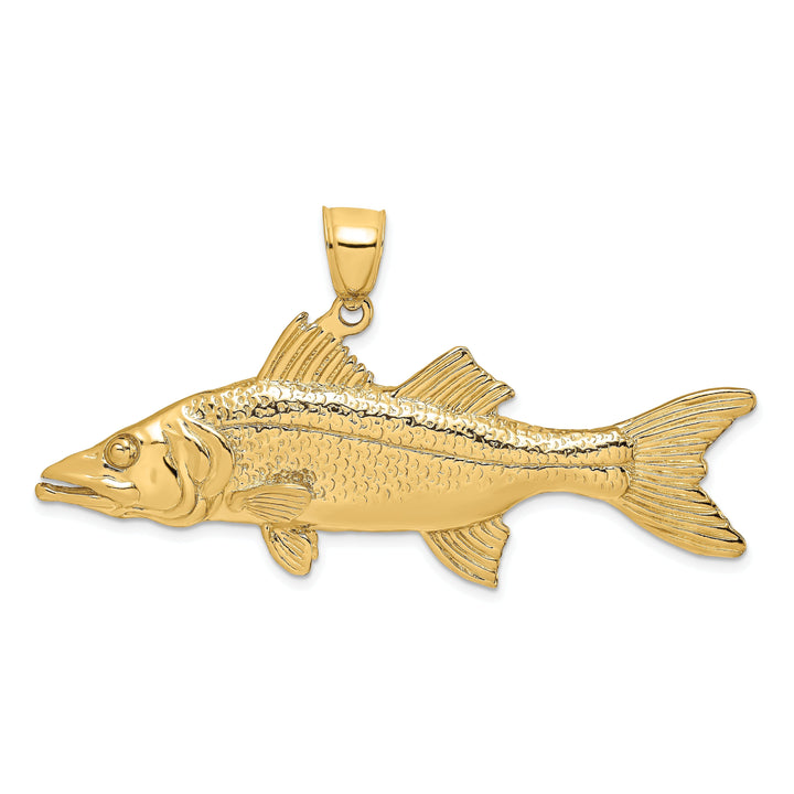 14K Yellow Gold Polished Textured Finish 3-Dimensional Snook Fish Charm Pendant