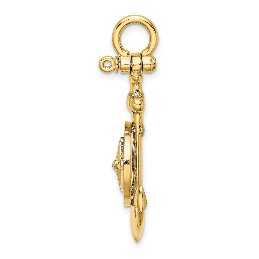 14K Yellow Gold Polished Finish 3-Dimensional Anchor with Nautical Boating Compass Charm Pendant