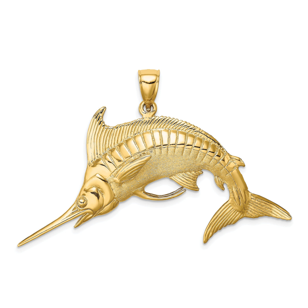 14K Yellow Gold 3D Textured Polished Satin Finish Blue Marlin Fish Charm Pendant