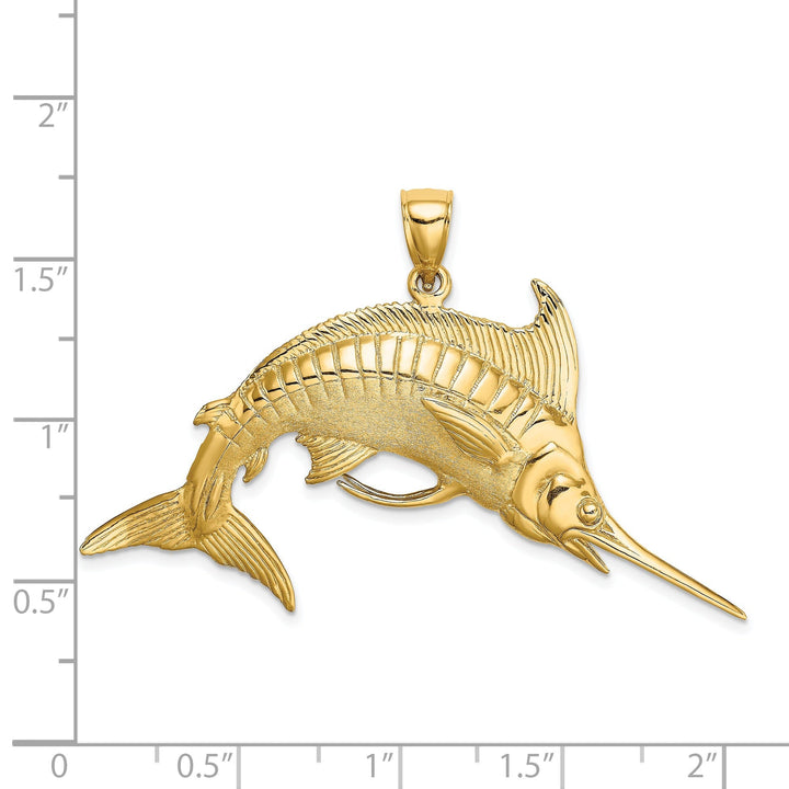 14K Yellow Gold 3D Textured Polished Satin Finish Blue Marlin Fish Charm Pendant