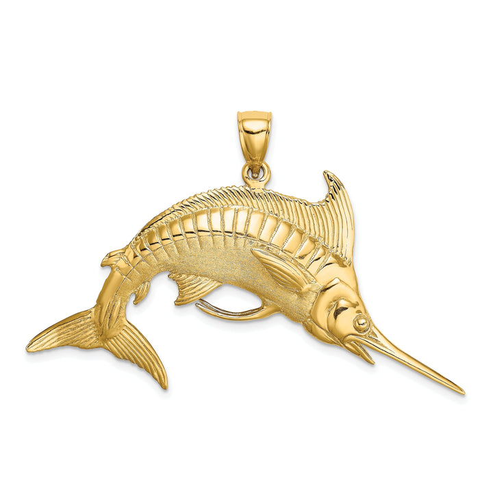 14K Yellow Gold 3D Textured Polished Satin Finish Blue Marlin Fish Charm Pendant